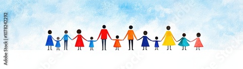 A colorful, stylized illustration of diverse people, including children and adults, holding hands against a soft, blue background, symbolizing unity and togetherness.