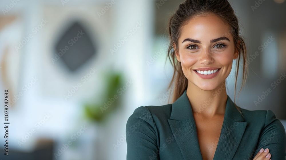 Confident Businesswoman Smiling in Modern Office Environment Confident Businesswoman Smiling in Modern Office Environment