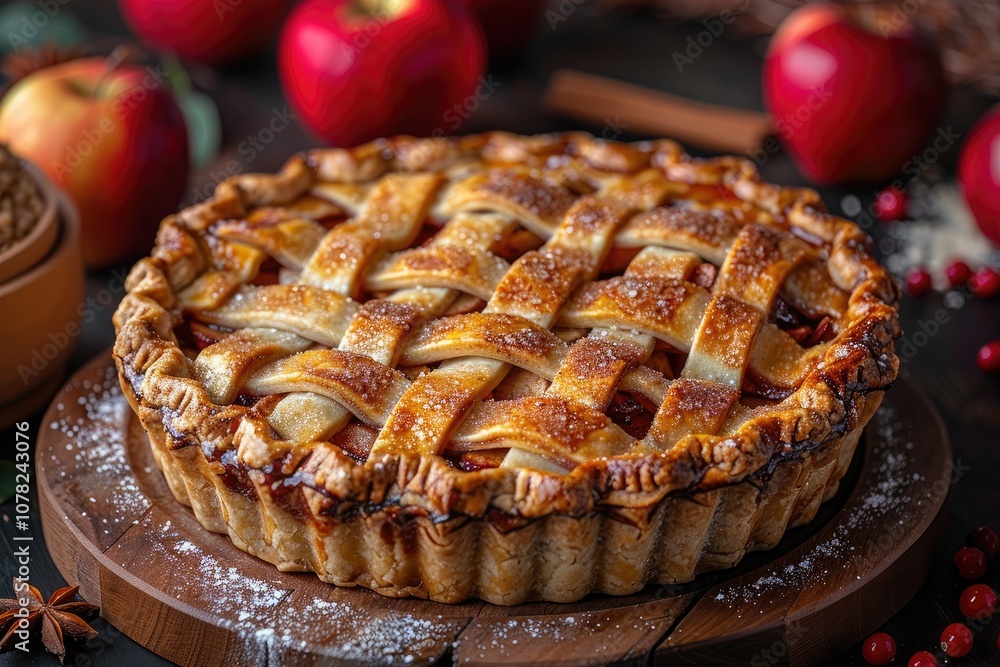 Close-up of a Homemade Apple Pie with a Lattice Crust and Sugar Glaze Close-up of a Homemade Apple Pie with a Lattice Crust and Sugar Glaze