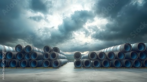 Stacked Industrial Metal Pipes on a Construction Site

 photo