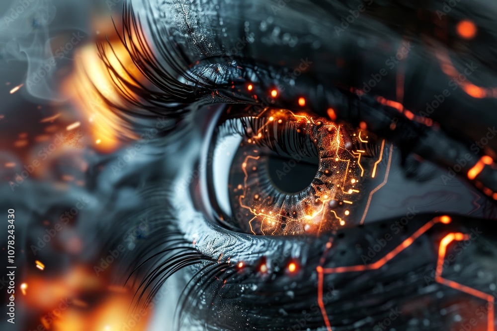 A Close-Up of a Futuristic Eye Design Featuring Glowing Orange Circuitry Patterns and Intense Reflections During a Digital Art Creation A Close-Up of a Futuristic Eye Design Featuring Glowing Orange Circuitry Patterns and Intense Reflections During a Digital Art Creation