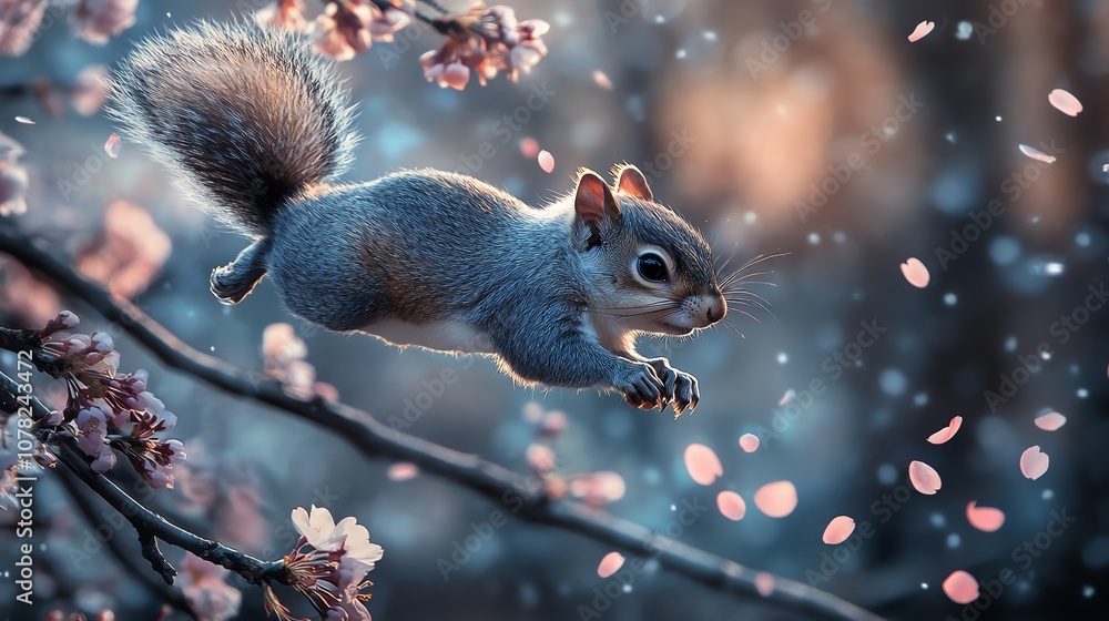 Fototapeta premium A playful squirrel leaps between branches of a blooming cherry tree with pink petals falling around it.