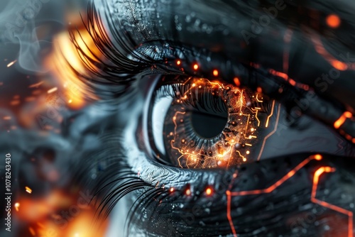 A Close-Up of a Futuristic Eye Design Featuring Glowing Orange Circuitry Patterns and Intense Reflections During a Digital Art Creation photo