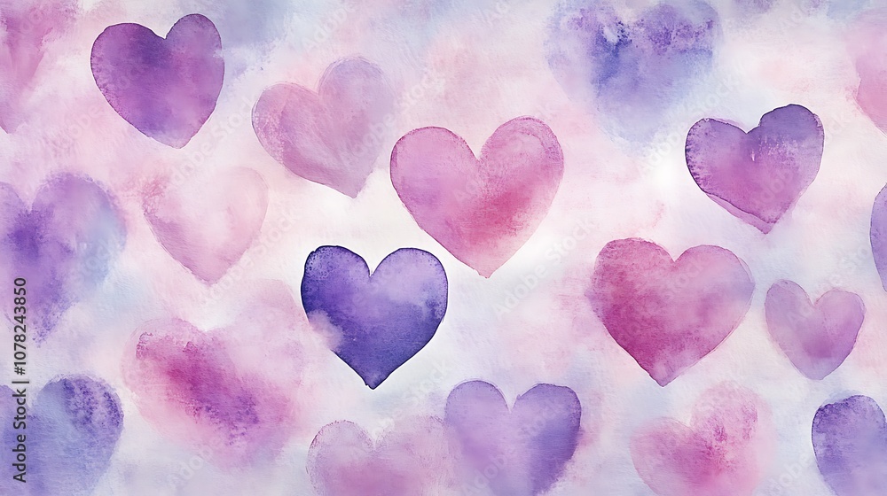Soft watercolor background with light pink and lavender hearts for Valentine�s Day. Soft watercolor background with light pink and lavender hearts for Valentine�s Day.