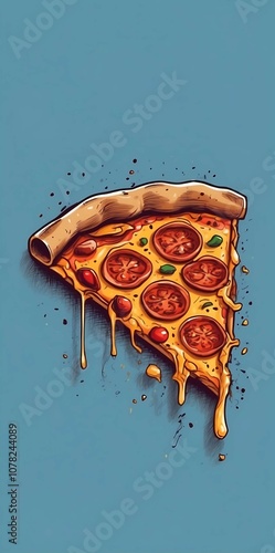 Piece of pepperoni pizza on a blue background. Vectical illustration for cafe, pizzeria, menu