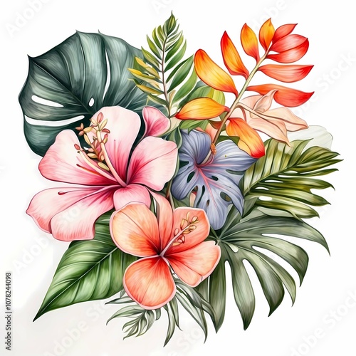 Bouquet of tropical exotic flowers on a white background. Hibiscus flowers with palm and monstera leaves