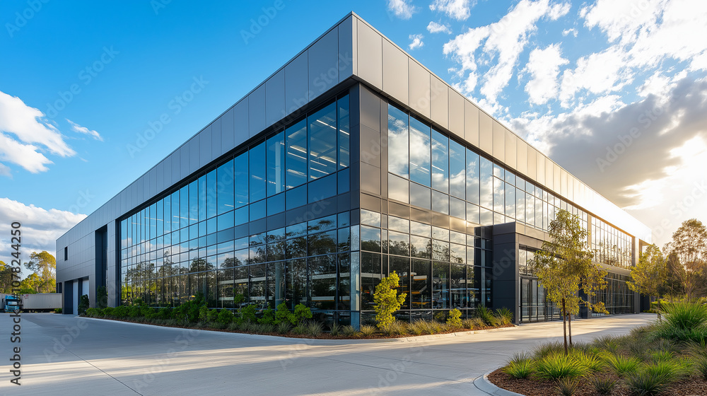 A large building with a lot of windows and a green area in front A large building with a lot of windows and a green area in front