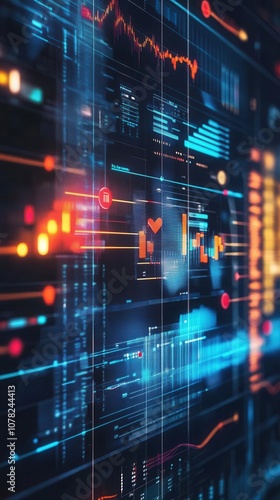 A vibrant display of data visualization on a digital screen, showcasing graphs, charts, and metrics in shades of blue and orange.