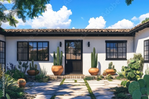 the front yard and entrance to an uncluttered, clean one-story mid-century modern home in a desert