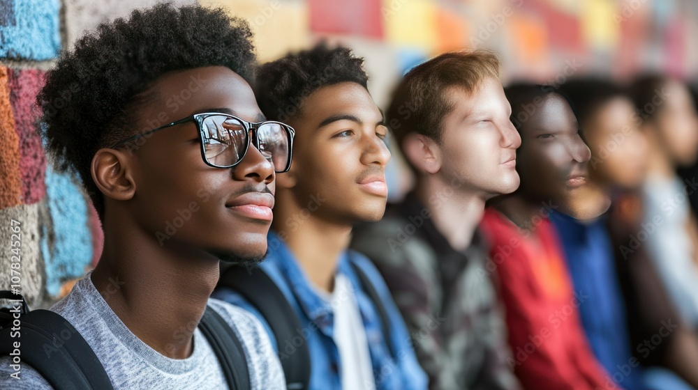 A group of diverse teenage boys look up in thought, standing in front of a colorful brick wall. A group of diverse teenage boys look up in thought, standing in front of a colorful brick wall.
