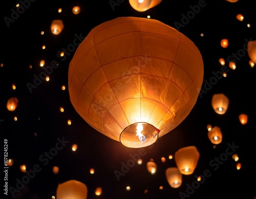 Linternas de luces en el cielo nocturno, festival de linternas vladoras photo