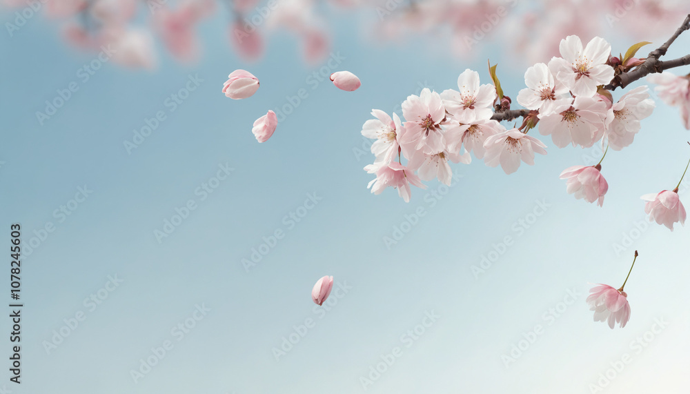 Cherry Blossom Branch with Falling Petals on Blue Sky Background Cherry Blossom Branch with Falling Petals on Blue Sky Background