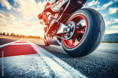 A motorcyclist speeds around a race track, with the rear tire in focus, leaving a red stripe in the background.