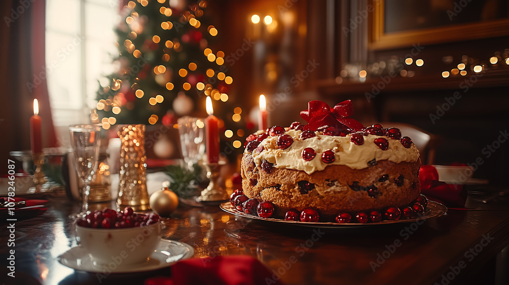 Christmas cake standing on a table with a christmas tree in the background, creating a warm and festive atmosphere Christmas cake standing on a table with a christmas tree in the background, creating a warm and festive atmosphere