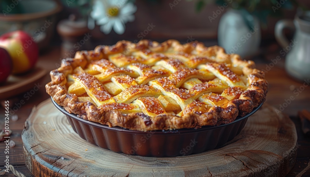 A freshly baked apple pie with a lattice crust, sitting on a wooden board. A freshly baked apple pie with a lattice crust, sitting on a wooden board.