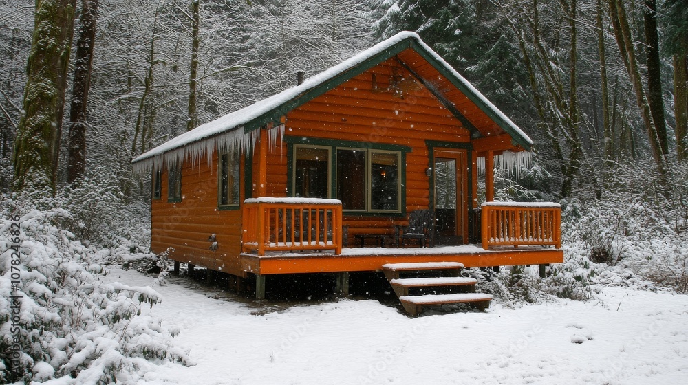 Cozy Wooden Cabin Nestled in Snowy Winter Forest Cozy Wooden Cabin Nestled in Snowy Winter Forest