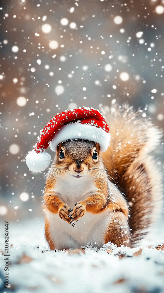 Christmas squirrel wearing santa hat in snowy forest Christmas squirrel wearing santa hat in snowy forest