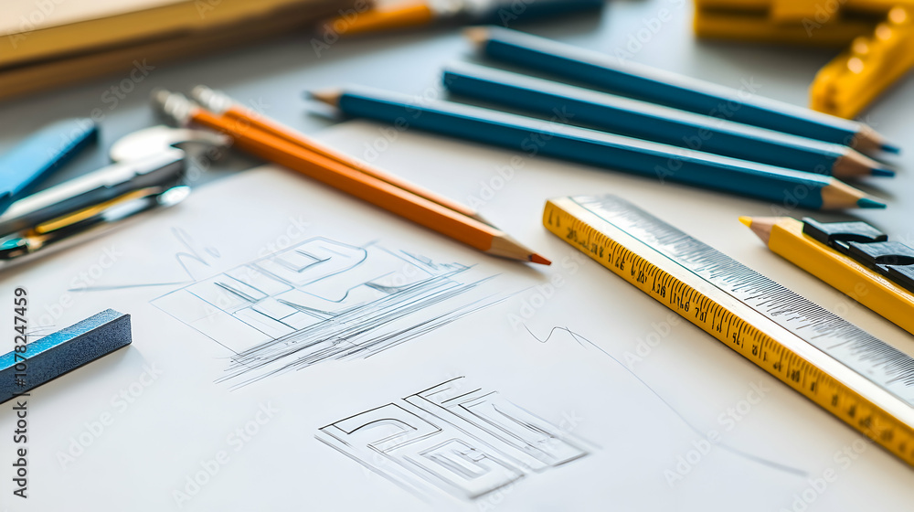 A close-up shot of a drawing of a building design with pencils, a ruler, and a wrench on a white surface. A close-up shot of a drawing of a building design with pencils, a ruler, and a wrench on a white surface.
