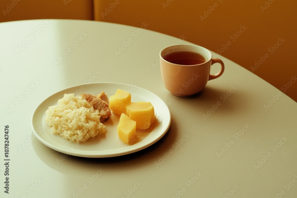 A simple meal of rice, chicken, and mango, accompanied by a cup of tea on a table. A simple meal of rice, chicken, and mango, accompanied by a cup of tea on a table.