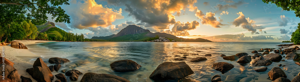 Obraz premium A panoramic view of rocks on the beach at sunset, with waves crashing against them and a dramatic sky in the background