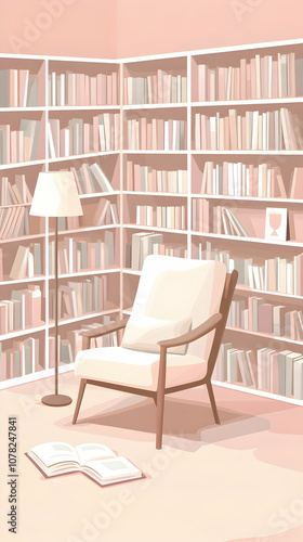 A cozy reading nook with a comfortable armchair, a floor lamp, and a bookshelf filled with books. (1)