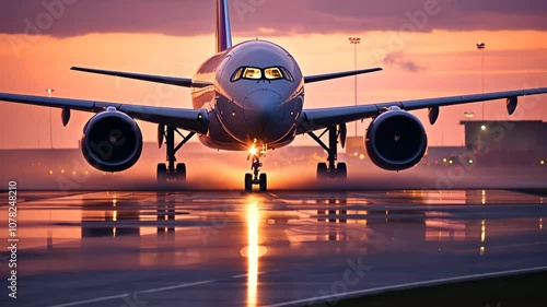 Commercial Passenger Airplane Taking Off Landing in Airport at Sunset Sunrise with Blurred Bokeh Lights Background photo