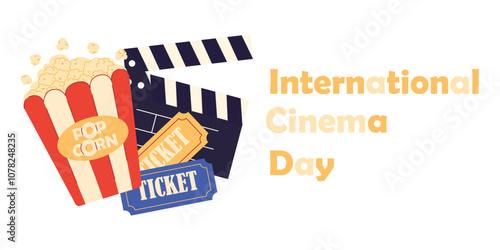 Flat vector illustration National Cinema Day background. Holiday concept. Template for background, banner, postcard, poster with text inscription.