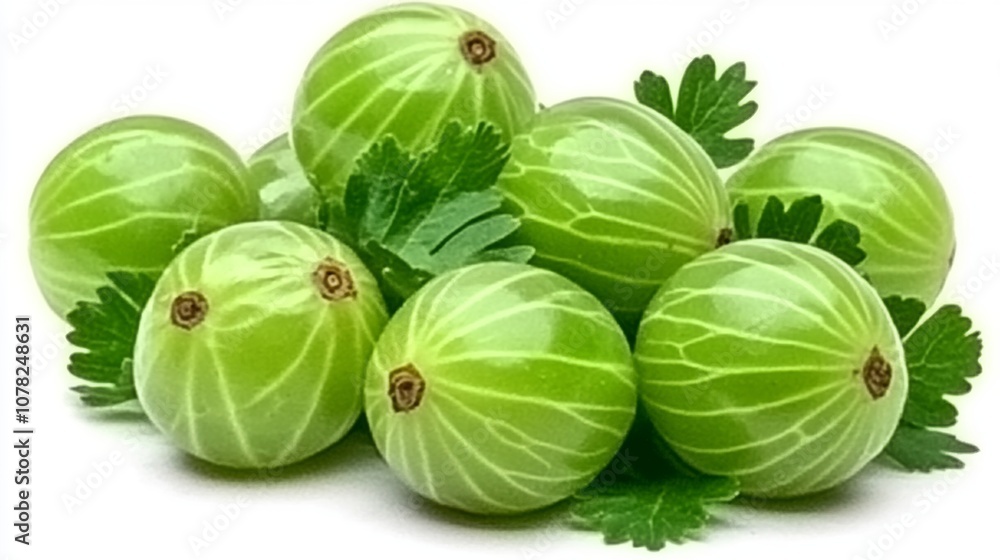 Fresh Green Gooseberries with Leaves on White Background Fresh Green Gooseberries with Leaves on White Background
