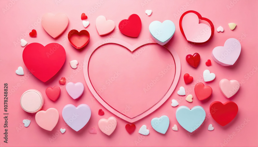A large pink heart sits on a pink background surrounded by smaller hearts in various shades of pink, red, blue, and white A large pink heart sits on a pink background surrounded by smaller hearts in various shades of pink, red, blue, and white