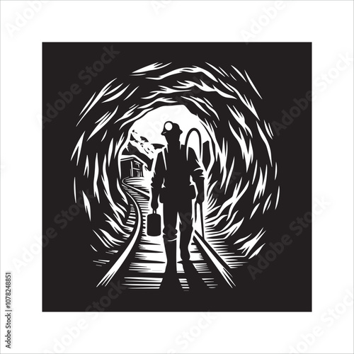 Silhouette of a Coal Miner Emerging from a Dark Mine. This striking black and white illustration depicts the silhouette of a coal miner walking out of a mine shaft.