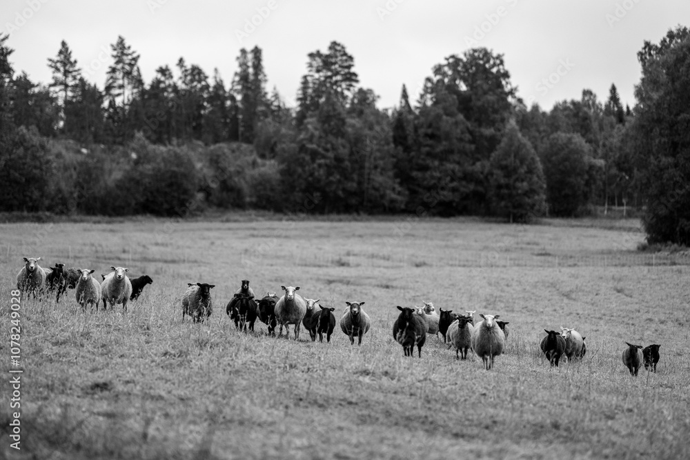Sheep grazing in a meadow with forest backdrop. Sheep grazing in a meadow with forest backdrop.