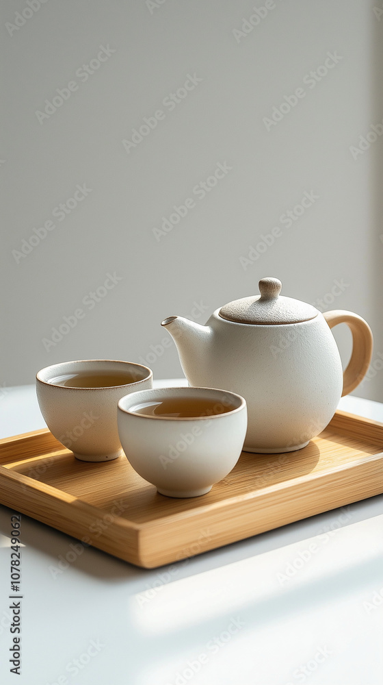 Minimalist Japanese Tea Set on Wooden Tray Minimalist Japanese Tea Set on Wooden Tray