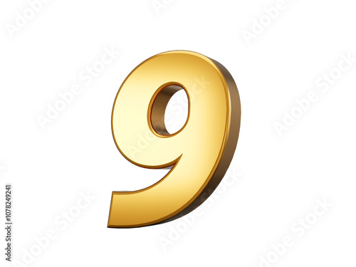 Golden metallic Number 9 nine, White background 3d illustration
