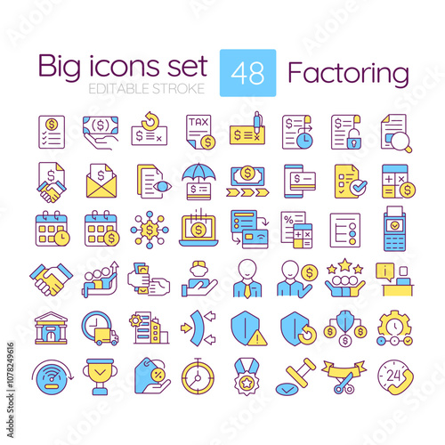 Factoring RGB color icons set. Invoicing, payment collection, funding, credit protection, and customer service. Isolated vector illustrations. Simple filled line drawings collection. Editable stroke