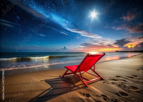 Isolated Red Folding Beach Sun Lounger Under the Stars: A Serene Night Photography Scene Capturing the Relaxation and Tranquility of a Beach Getaway photo