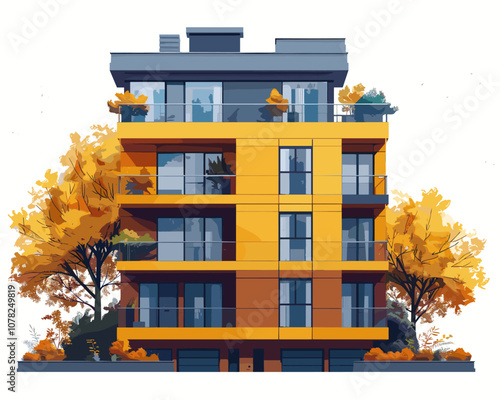 Tall yellow building with a tree on the side. The building has many windows and balconies