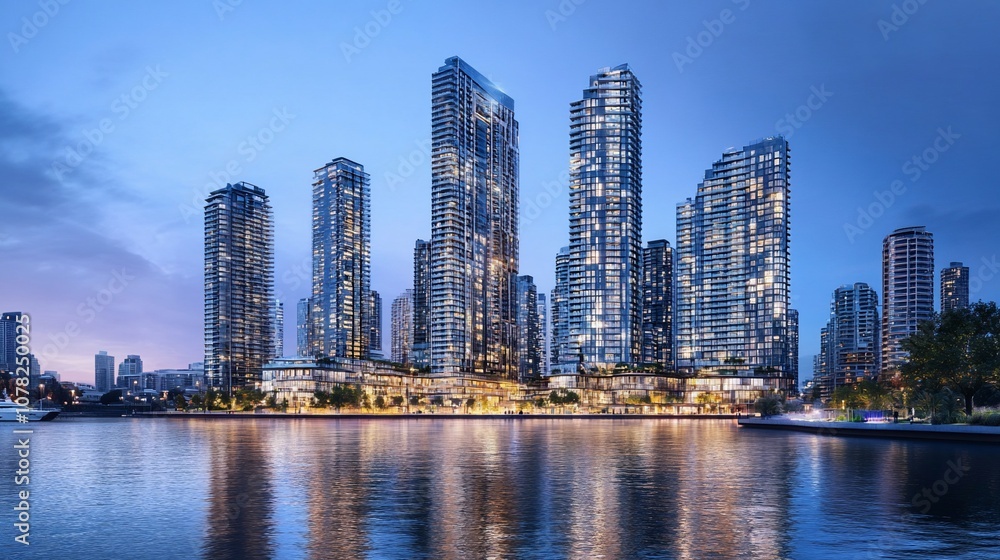 Obraz premium Modern skyscrapers along the waterfront at dusk.