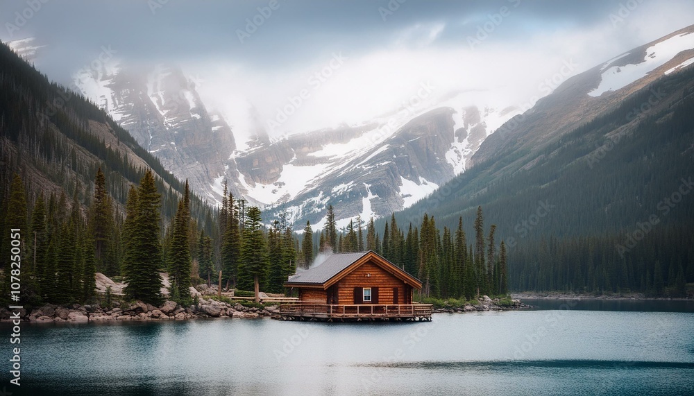 Fototapeta premium Cabin in the mountains on forest lake