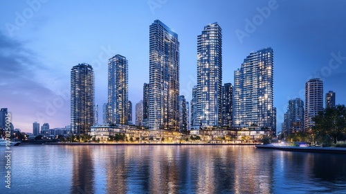 Modern skyscrapers along the waterfront at dusk.