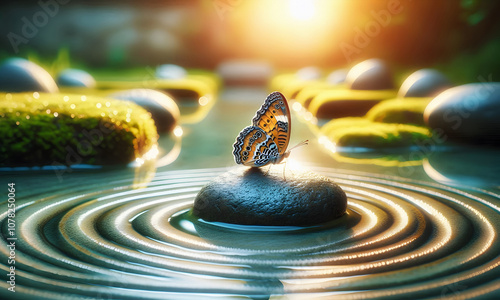 Ein schöner Schmetterling sitzt auf einem Stein in einem kleinen Brunnen in welligem Wasser photo