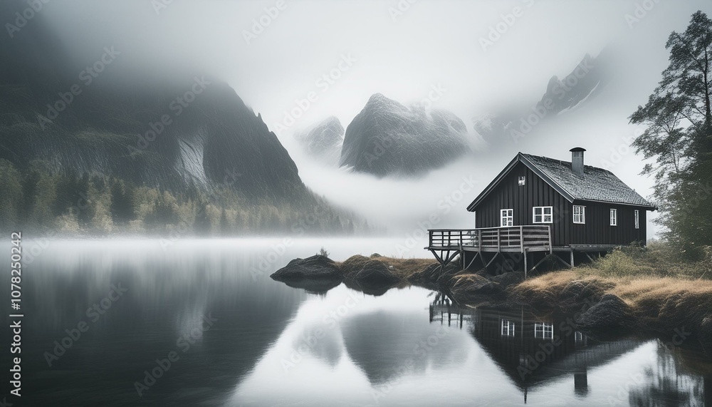 Fototapeta premium Cabin in the mountains on forest lake