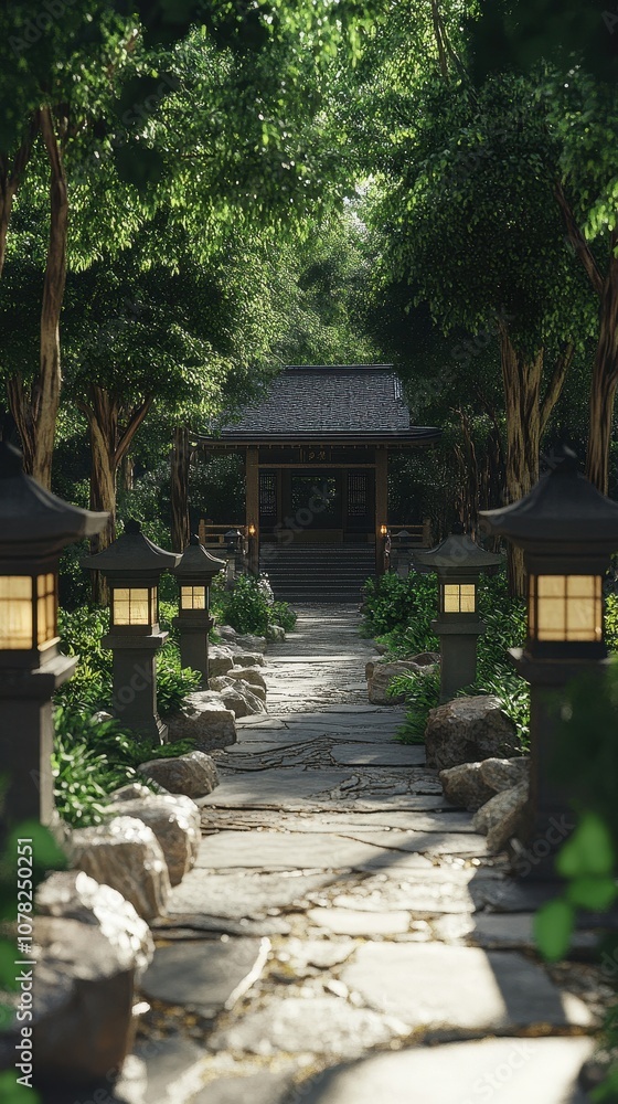 Naklejka premium Stone lanterns illuminate a peaceful path leading to a Japanese temple nestled in lush foliage