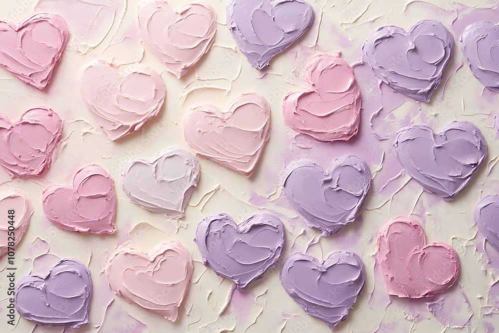 Soft gradient of light pink and purple hearts on a creamy backdrop.