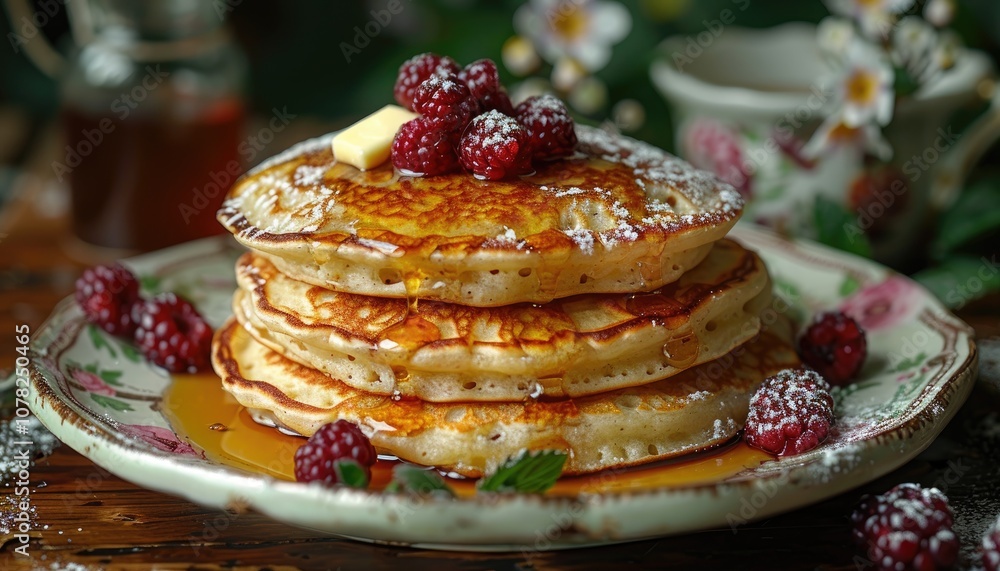A Stack of Buttery Pancakes Drizzled with Syrup and Topped with Raspberries A Stack of Buttery Pancakes Drizzled with Syrup and Topped with Raspberries