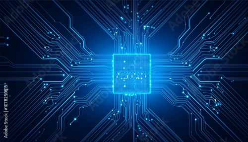 Thin circuit trace lines in blue on a dark technology background. Abstract digital tech bg. Electronics and computer technology concept. Chip and circuit board. Vector illustration. Chip connectors