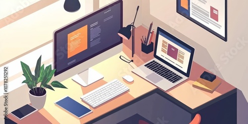 A website design company shows how they work. The picture shows a designer's desk with a computer, laptop, tablet, and phone.