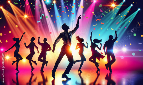 Tänzer, auf der Tanzfläche, die zu lebhafter ausgelassen Musik tanzen, bunte Bühnenlichter, Schlagerparty, copy space