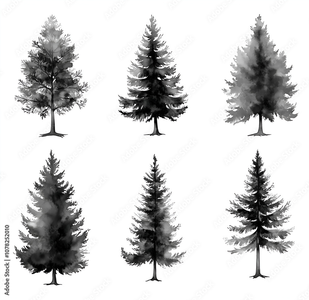 Obraz premium set of hand-drawn watercolor pine trees in black and gray tones on a white background
