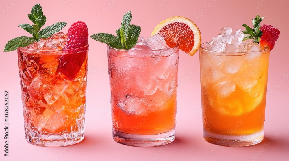 Three colorful cocktails with ice and garnishes on a pink background. Three colorful cocktails with ice and garnishes on a pink background.