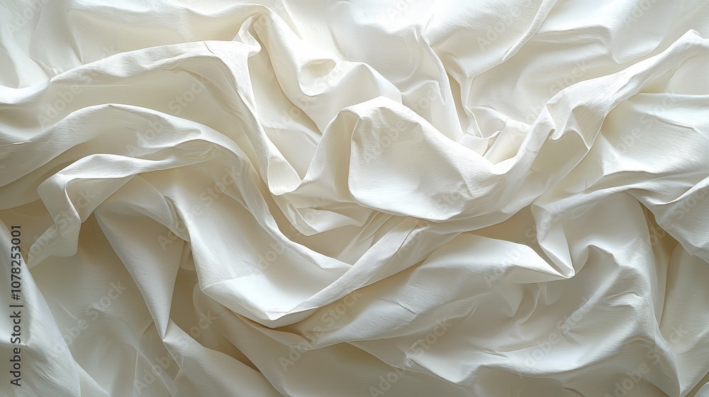 A close-up view of crumpled white fabric, showcasing texture and folds. A close-up view of crumpled white fabric, showcasing texture and folds.